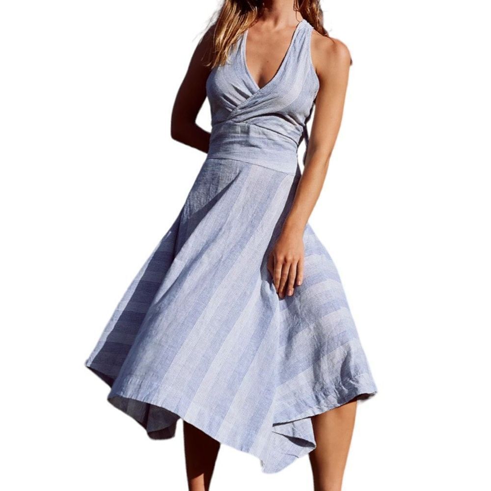 🌟 NWT Free People Sunset Surf Midi Dress - Blue Stripe Size Large 🌟